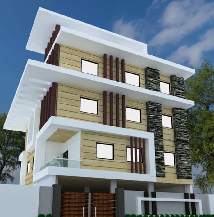 Four Story Building with Wood and Stone Façade