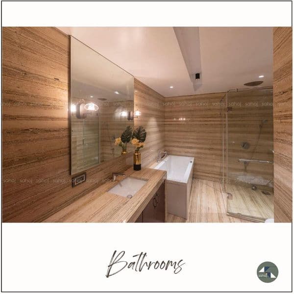 Yellow-Brown Layered Wall and Floor Tiles with a White Jacuzzi on a Corner