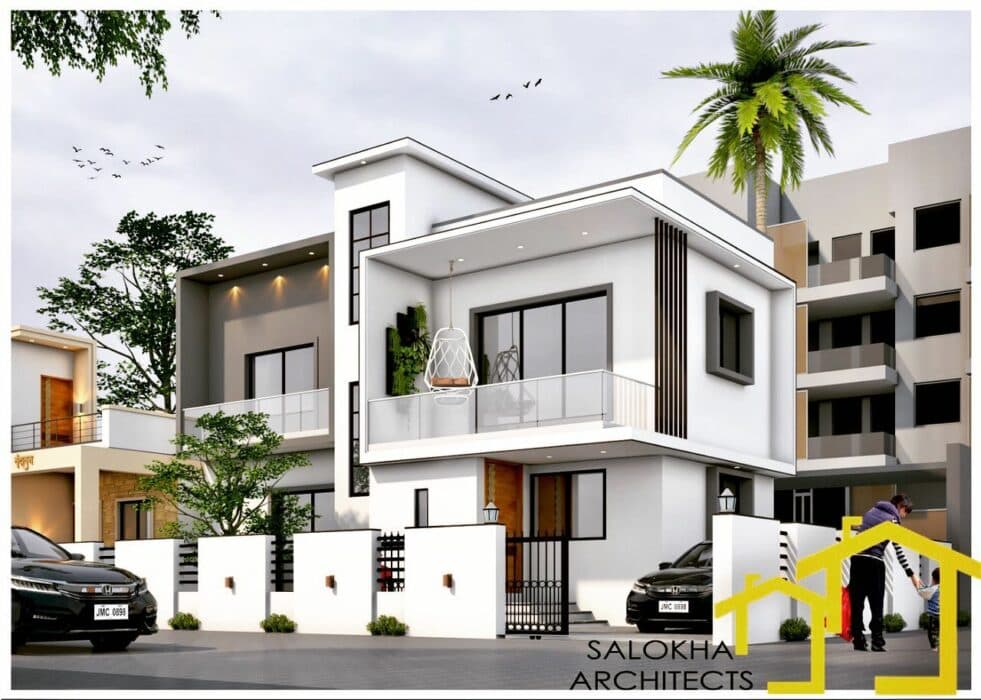 Modern 2 Floored House with a White and Grey Exterior Featuring