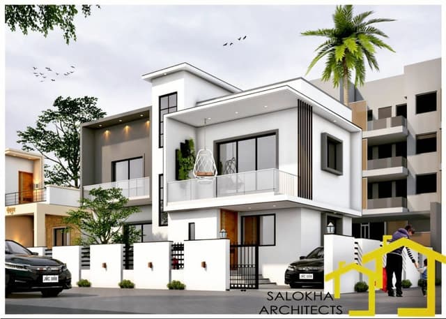 Modern 2 Floored House with a White and Grey Exterior Featuring