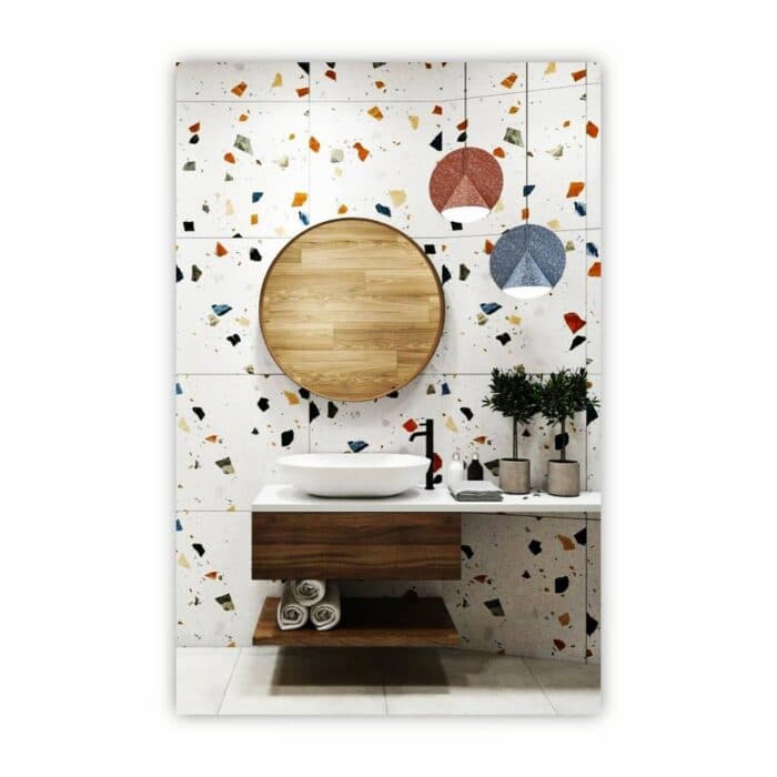 Modern Bathroom Vanity Against a Unique Terrazzo Wall