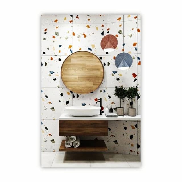 Modern Bathroom Vanity Against a Unique Terrazzo Wall