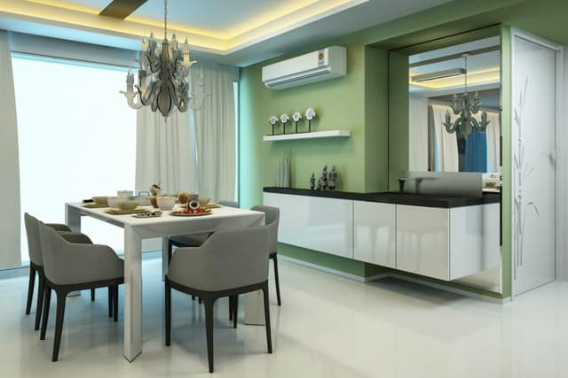 Modern Dining Room Featuring a Large White Dining Table