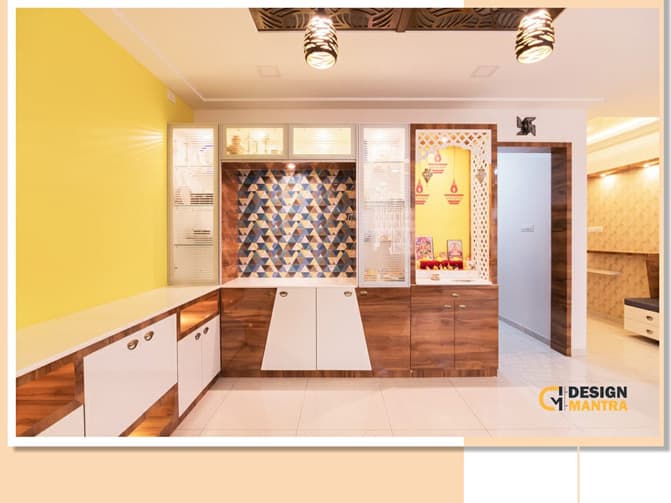 Extended Space with a Pooja Area in the White and Wooden Shade