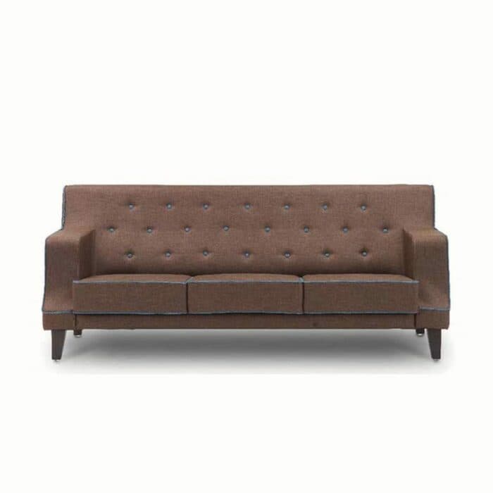 Brown Three-Seater Sofa with Tufted Backrest and Seat Cushions
