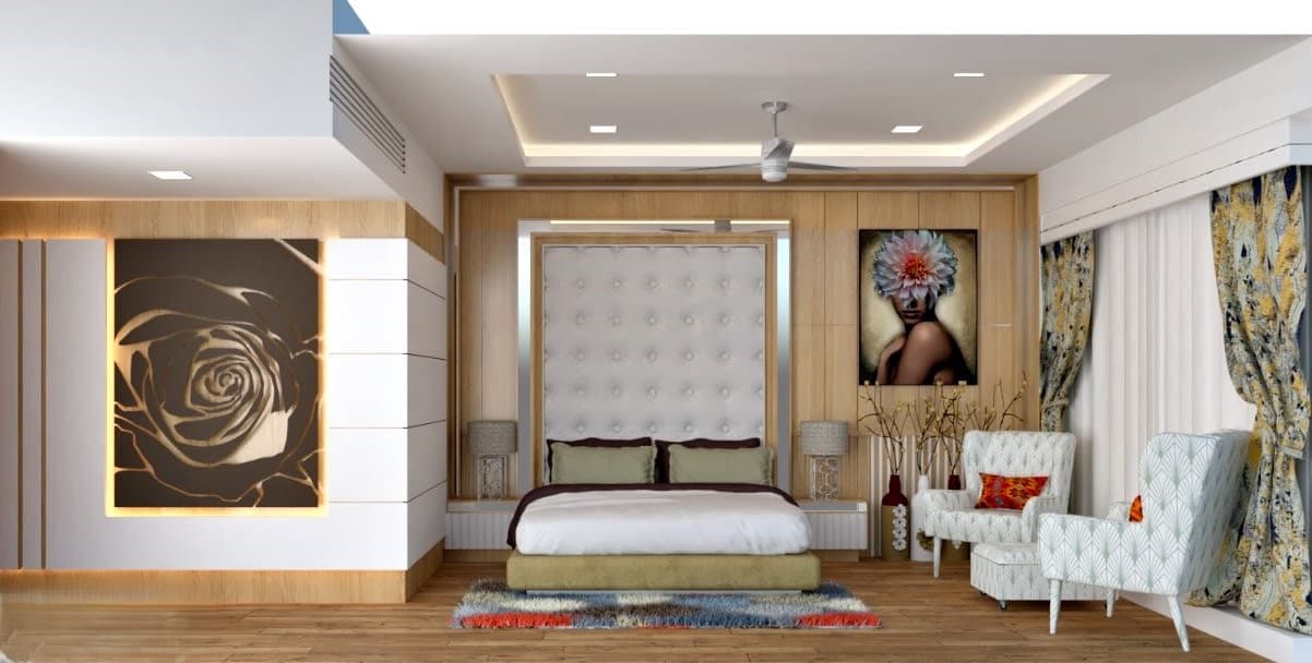 Bedroom Highlighted by a Grand Upholstered Headboard