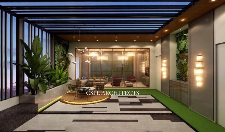 Elegant-Balcony-with-Pergolas-Wooden-Ceiling-with-Recessed-Lights-Metal-Chairs-with-Coffee-Table-on-a-Raised-Platform-Planters. Design Detail Banner 0