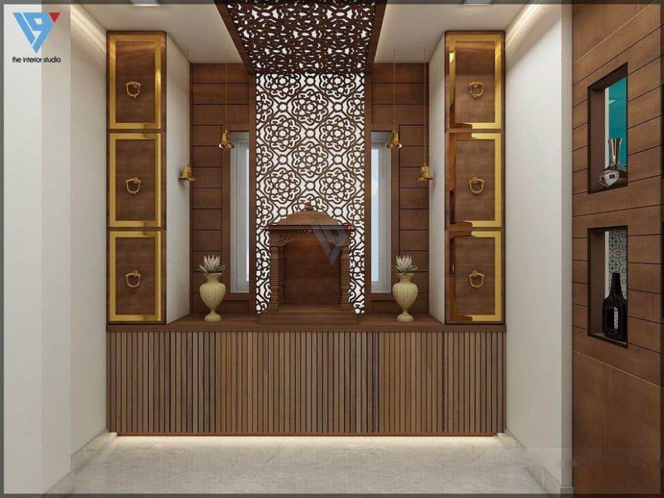 Pooja-Room-with-Unit-having-raised-Platform-for-placing-Wooden-Temple-in-the-Center-Acrylic-Panels-behind-the-Temple-with-Indirect-Light Pooja Room with Unit having raised Platform