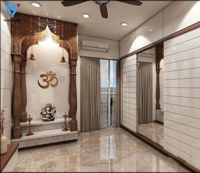 Pooja-Space-having-Four-Column-Carved-Wooden-Columns-with-Beautiful-Arch-is-making-it-Traditional-in-this-Contemporary-Space. Pooja Space having Four Column Carved Wooden Columns