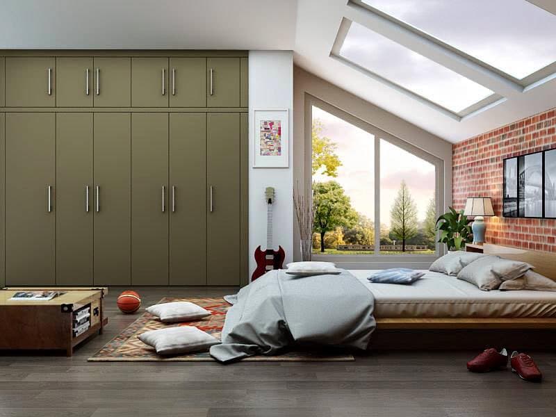 A partly sloped modern bedroom with full height window A partly sloped modern bedroom with full height window