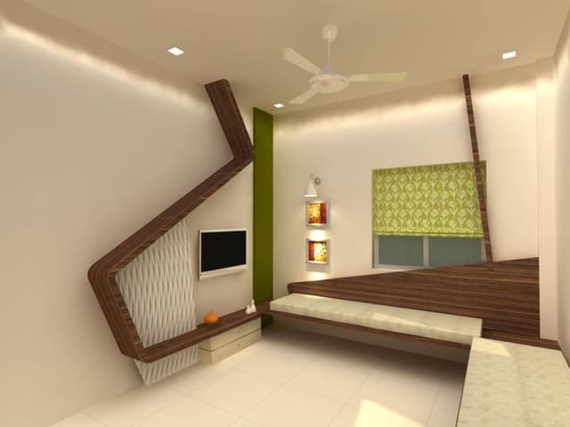 A modern living room with white flooring A modern living room with white flooring