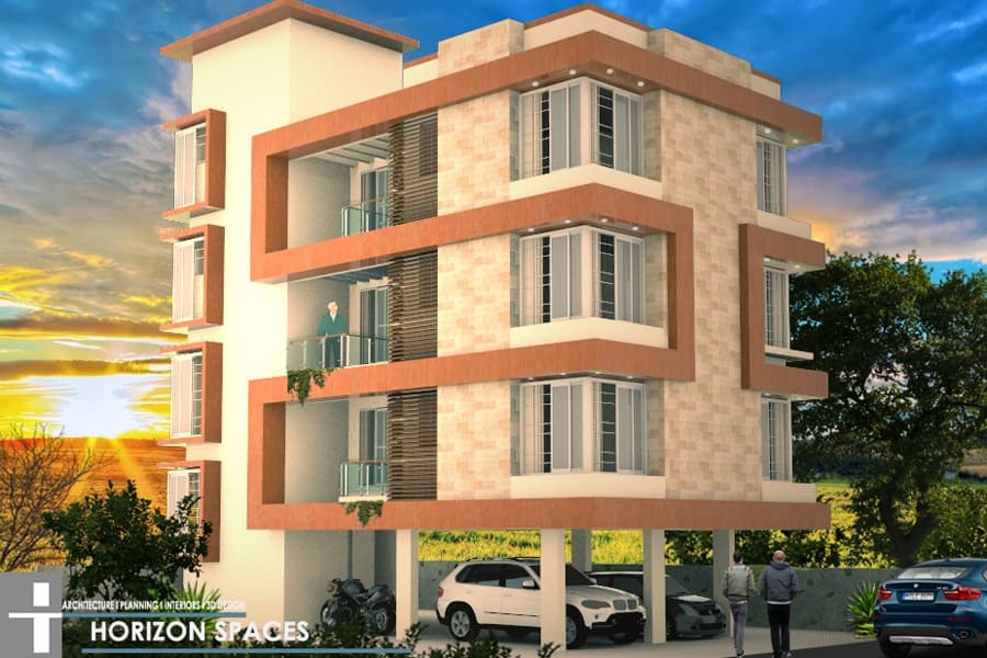 An orange coloured symmetrical building that is three storeys with stilt An orange coloured symmetrical building that is three storeys with stilt