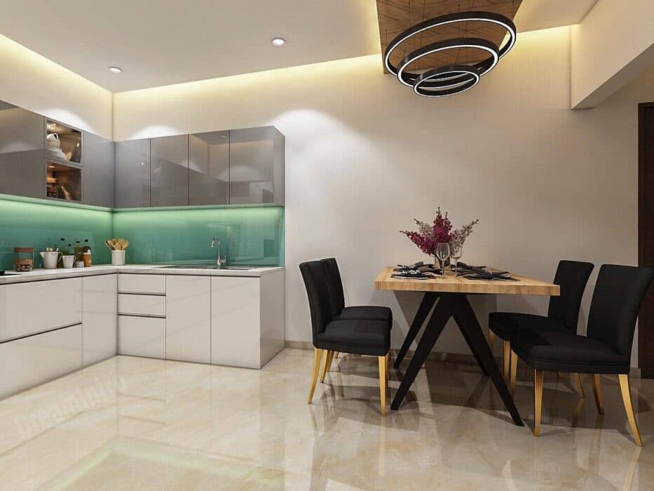 Wooden dining table and black upholstered chairs Wooden dining table and black upholstered chairs