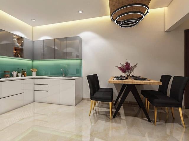 Wooden dining table and black upholstered chairs Wooden dining table and black upholstered chairs