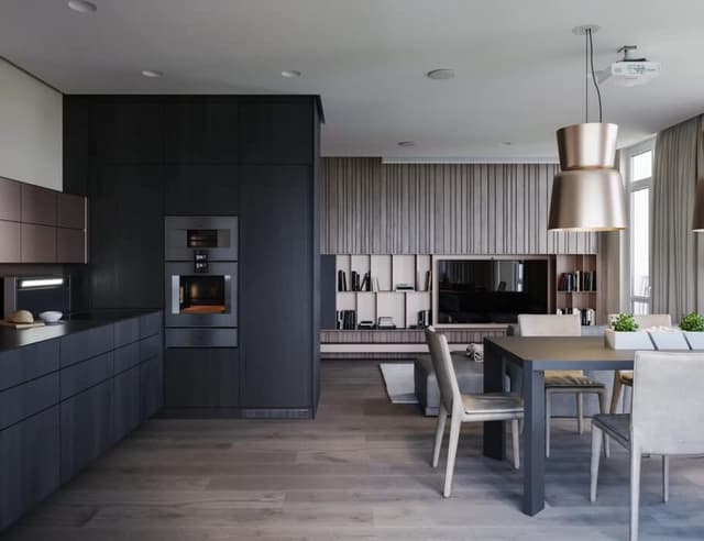 Black Kitchen Consists Parallel Countertop with Oven Unit Black Kitchen Consists Parallel Countertop with Oven Unit