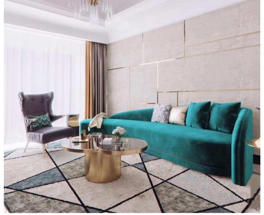 Peacock Green Velvet Upholstered Sofa is a Nicely Place with Grey Upholstered Wingback Chair in the Living Room Peacock Green Velvet Upholstered Sofa is a Nicely Place with Grey Upholstered Wingback Chair in the Living Room