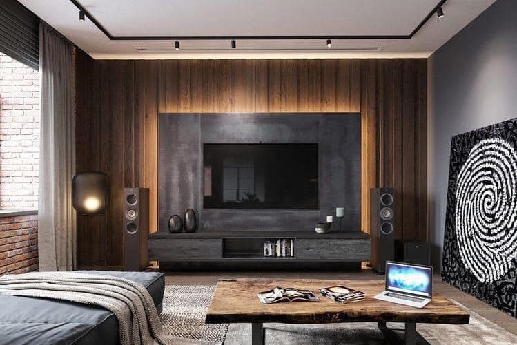 The Brown & Black Rustic Style Wall Mounted T.V. Unit Consists Linear Storage Unit with Shelf Displaying Books The Brown & Black Rustic Style Wall Mounted T.V. Unit Consists Linear Storage Unit with Shelf Displaying Books