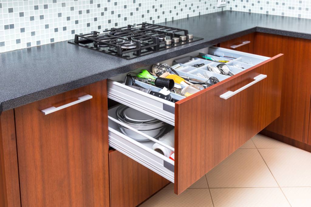 Kitchen counter-drawers below Stove