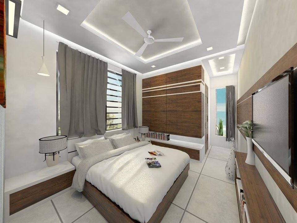 3D-View-of-Master-Bedroom-with-Wooden-Double-Bed-with-Storage-below-Floor-Mounted-Wooden-Side-Tables-with-Table-Lamp-Upholstered-Headboard