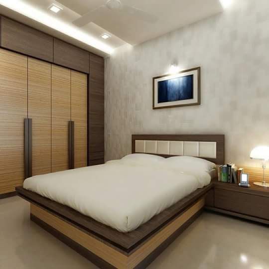 Wooden Double Bed with White Upholstered Headboard