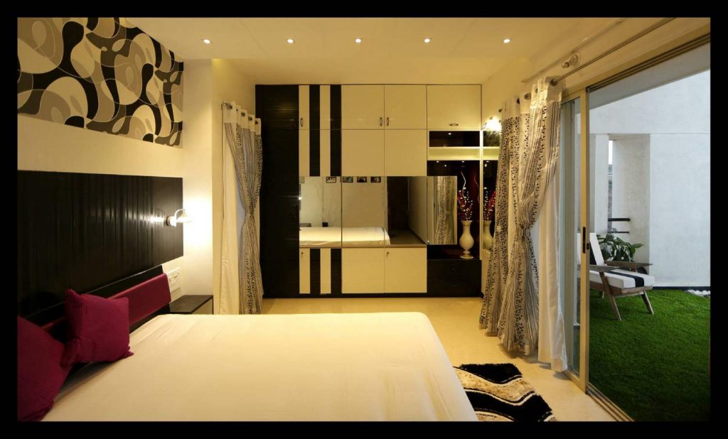 Bedroom with Wooden Bed Attached Side Tables