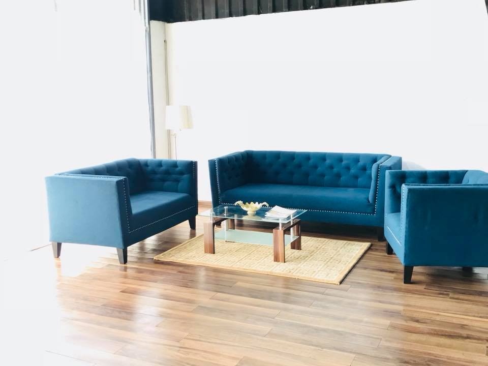 Blue Coloured Tufted Square Armed Tuxedo Sofa Set