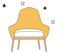A yellow chair with a white cushion on a gray background