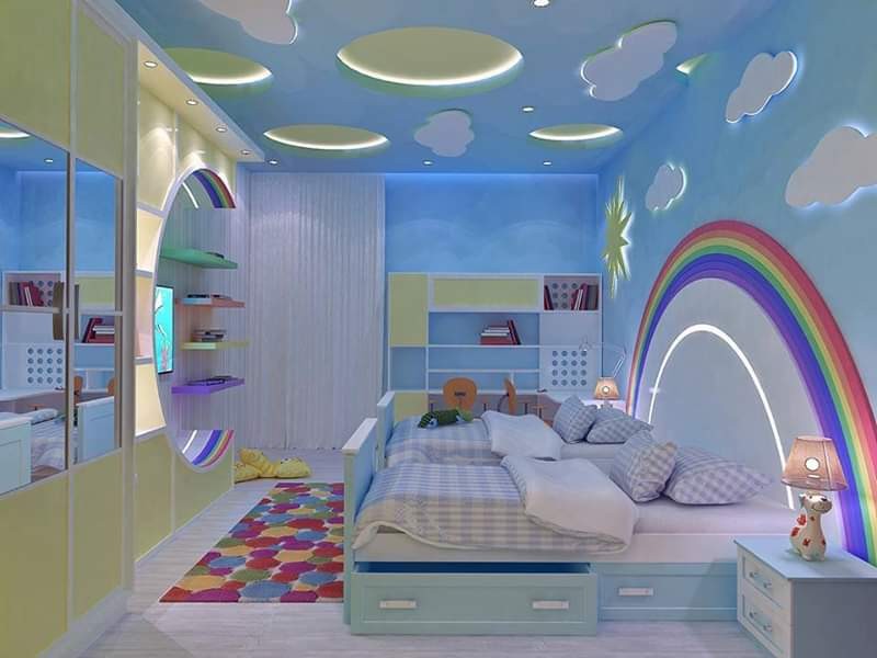 Kid’s Bedroom in a Sky Theme Includes Twin Beds with Storage