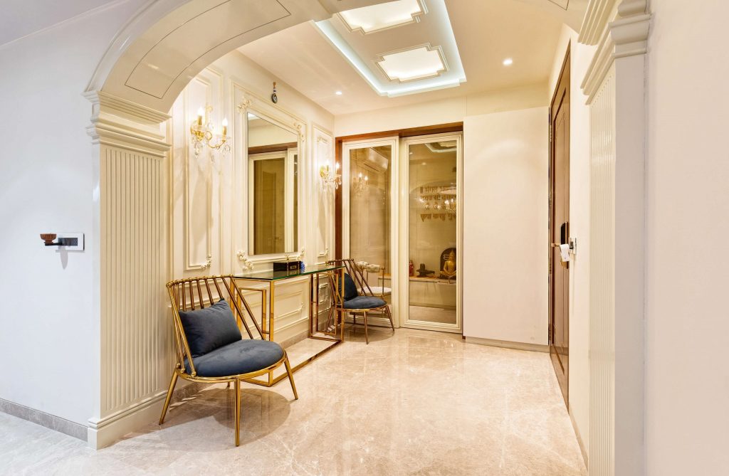 Pooja Room enclosed by 2 Door Sliding Wooden cum Glazed Door