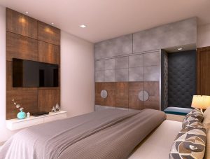 This Bedroom having Combination of Grey Beige Colour with a Wooden Finish.