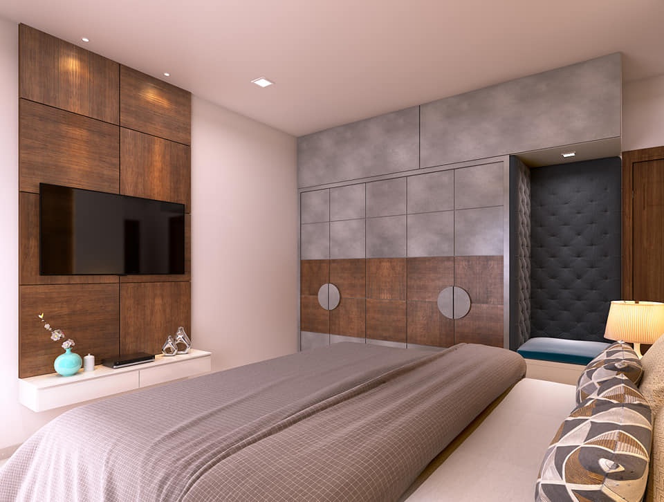 This Bedroom having Combination of Grey Beige Colour with a Wooden Finish.