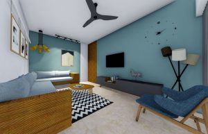 This Modern Living Room Consists Wall Mounted L -Shaped Wooden Sofa