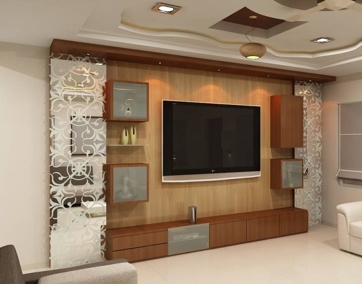 Wall-mounted-T.V.-Unit-with-a-Storage-Unit-below-Wooden-Backwall-Open-Enclosed-Box-Wall-Shelves-Highlighting-Mirror-Glass-1