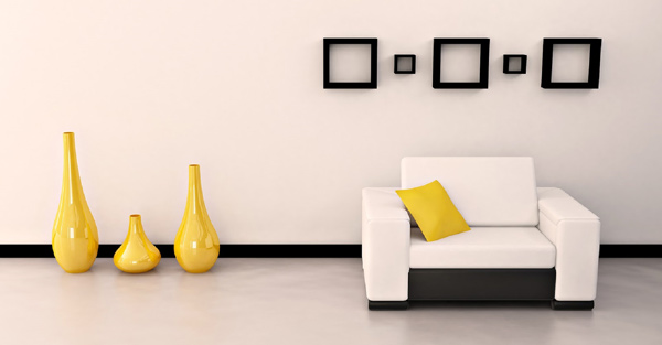 White-and-Grey-Coloured-Square-Armed-Single-Seater-Sofa-with-Yellow-Cushion-and-Yellow-Decor-Vases-next-to-it.-1