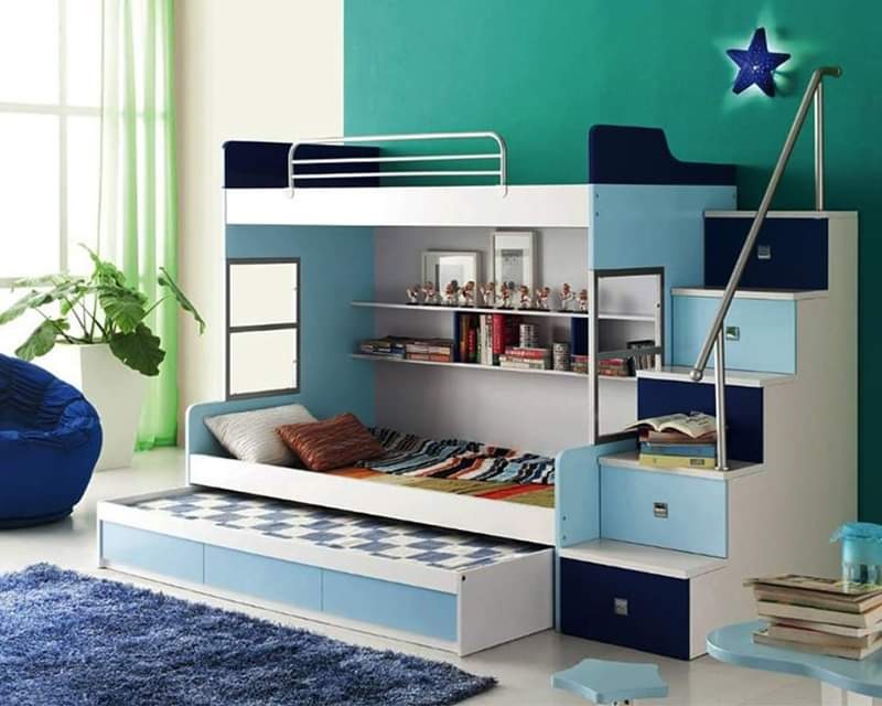 Wooden Bunk Bed in a Sky blue Navy Blue White Colour Theme