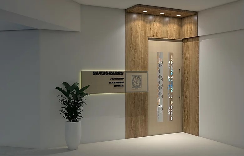 Wooden Entrance Door with a Wooden Panelling besides