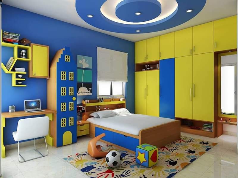 Yellow & Blue Theme Children Bedroom accommodates Wooden Double Bed