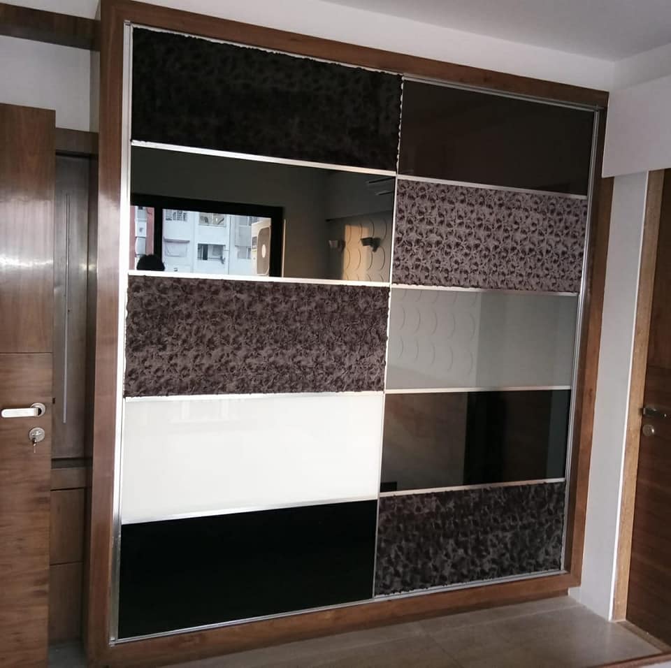 2 – Door Sliding Wooden Wardrobe with Textured Glazed Panel in Different Shades & Patterns