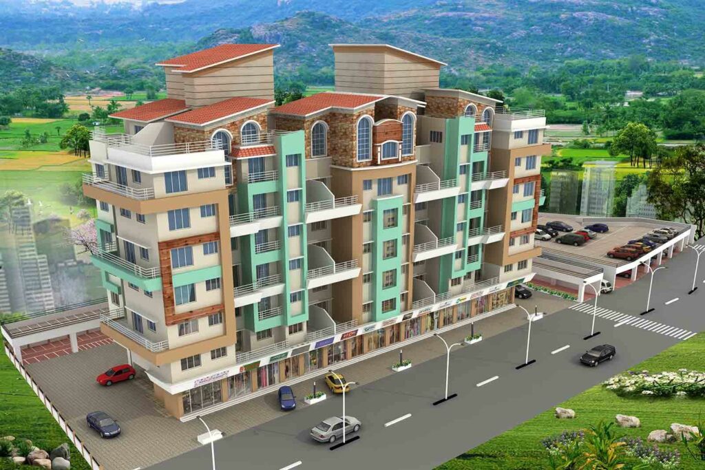 Exterior View of 8 – Storeyed Buliding with Commercial Shops on the Ground Floor followed by Parking Area. The Building has Sloping Roofs on the Terrace.