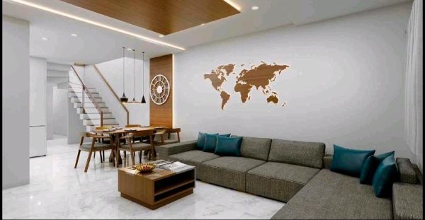 Living Room with World Map Backlit Wall Décor
