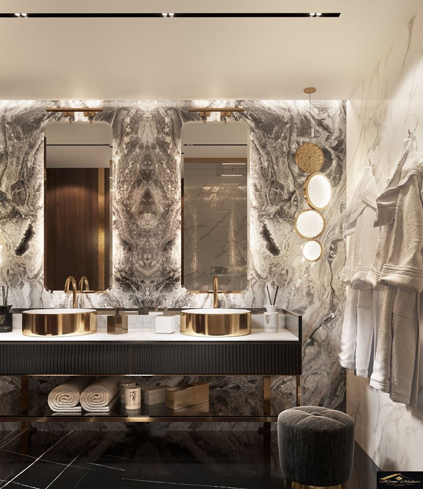 Luxurious Table Top Wash Basin with Mirrors, Hanging Pendant Lights & Back wall Finished with Marble in Bathroom