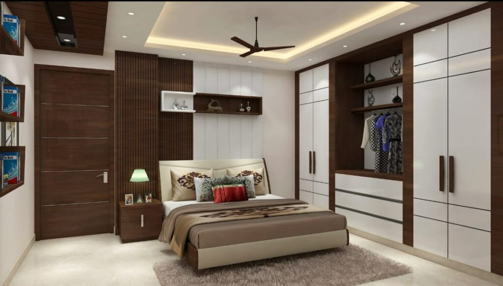 Modern Bedroom designed with Wooden Bed, Single Side Table with Table Lamp