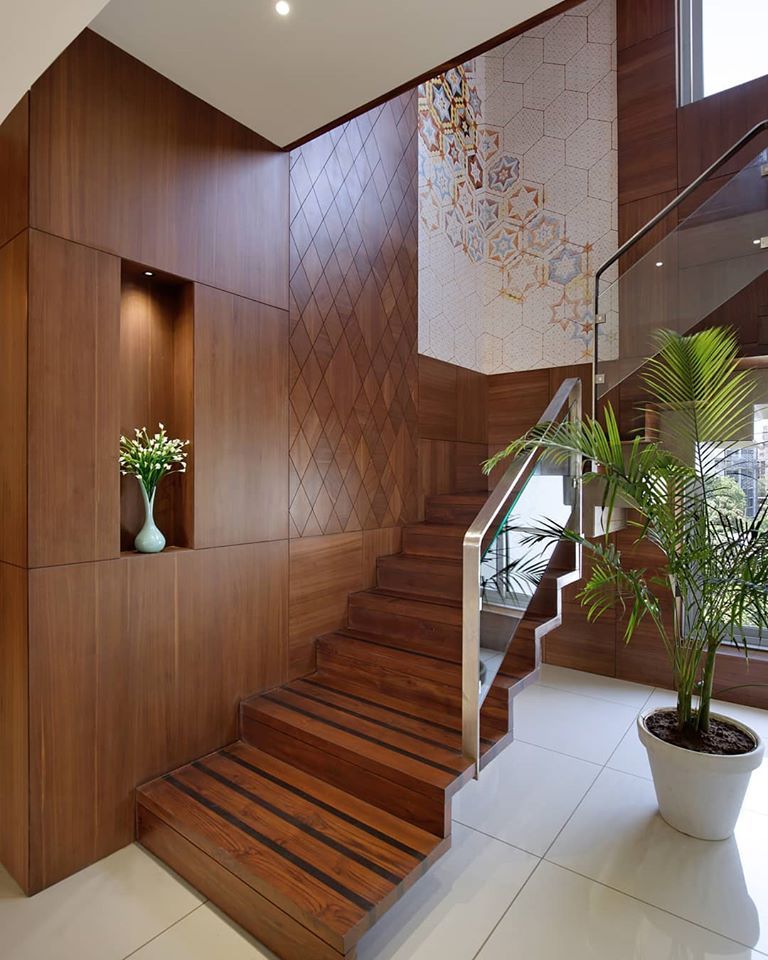 Wooden Staircase Design with Glass Railing