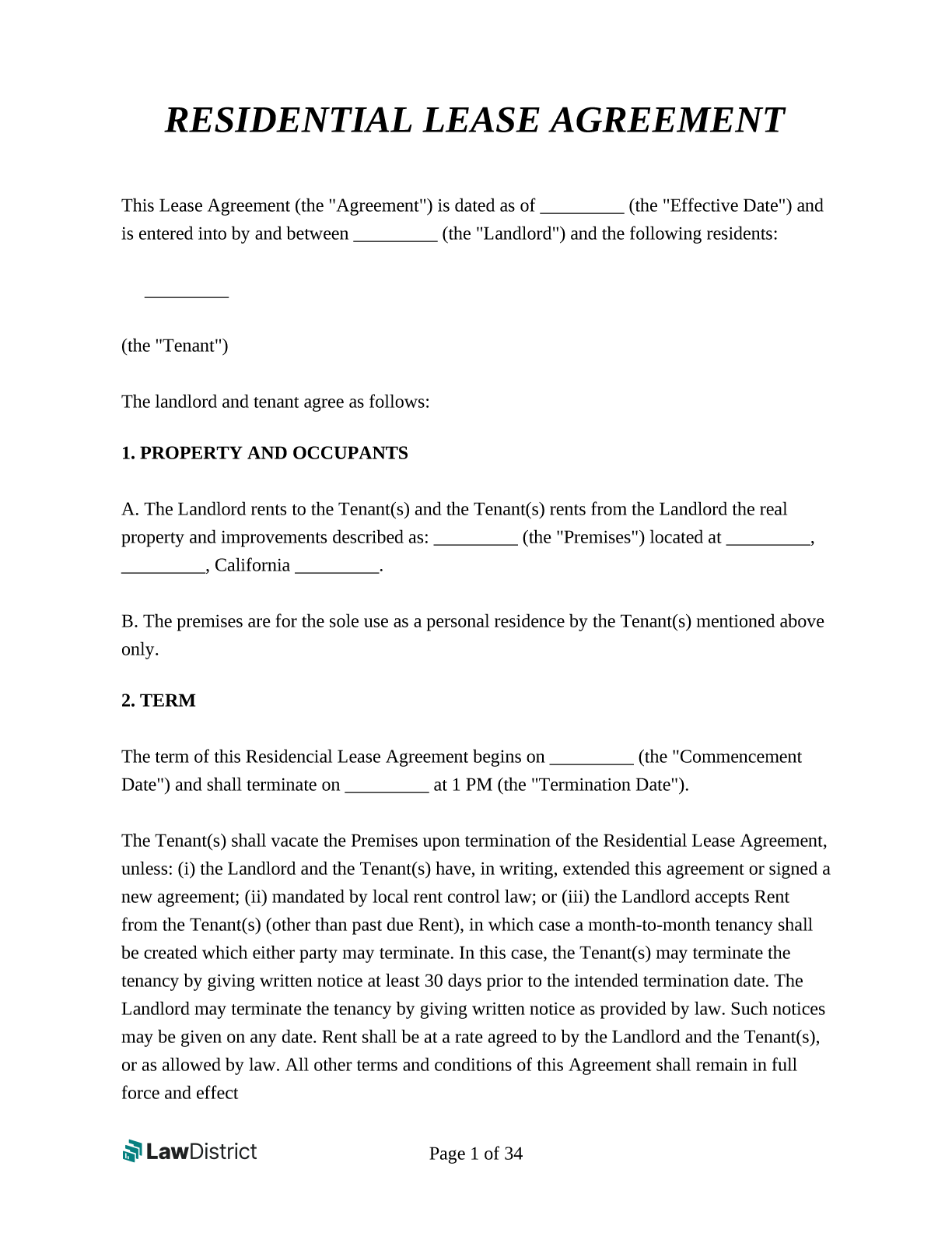 A Residential Lease Agreement