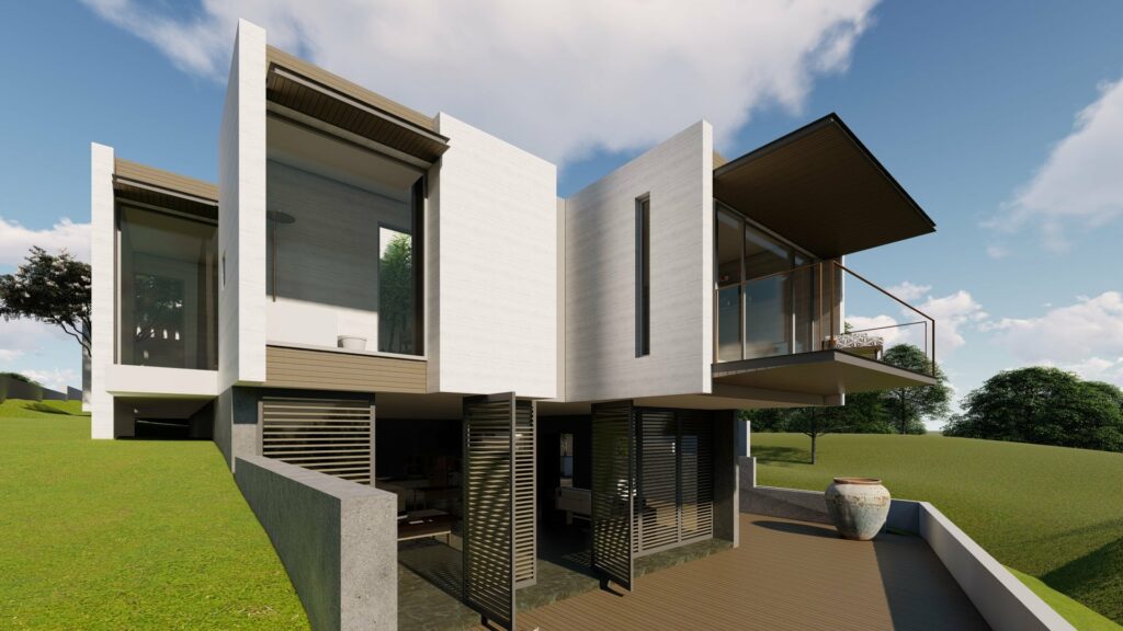 A two-storied rectilinear home on a sloping terrain supported by a retaining wall.