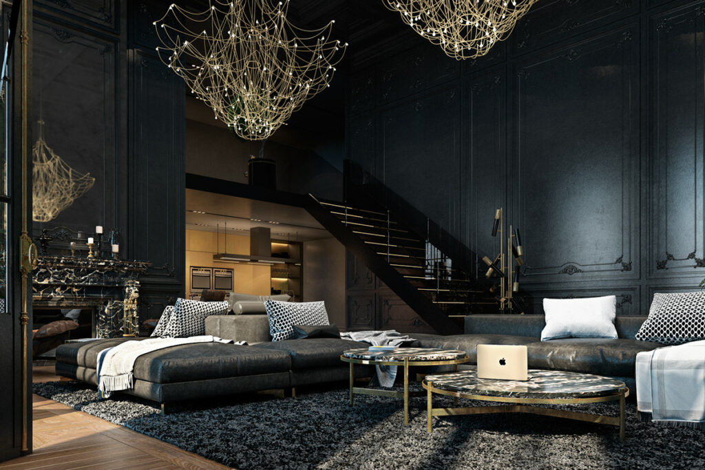 Minimalistic gothic interiors with blacks Minimalistic gothic interiors with blacks