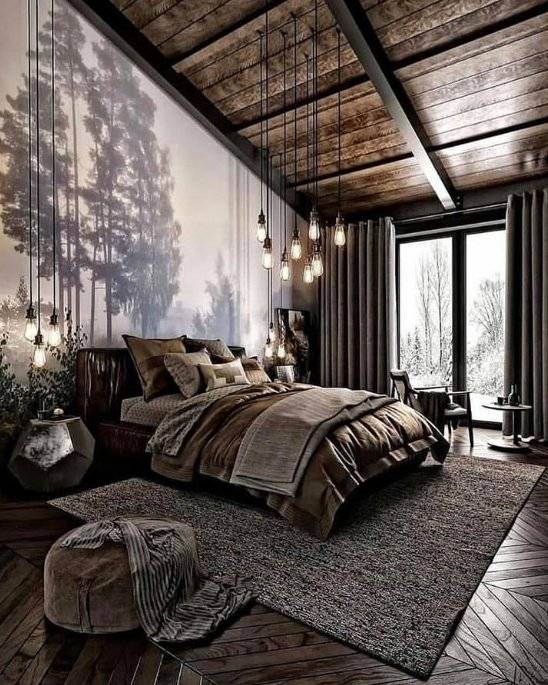 A cosy bedroom in rustic materials in combination of of dark browns