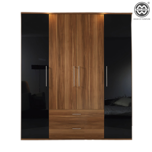 A wood paneled cupboard with full height black laminated