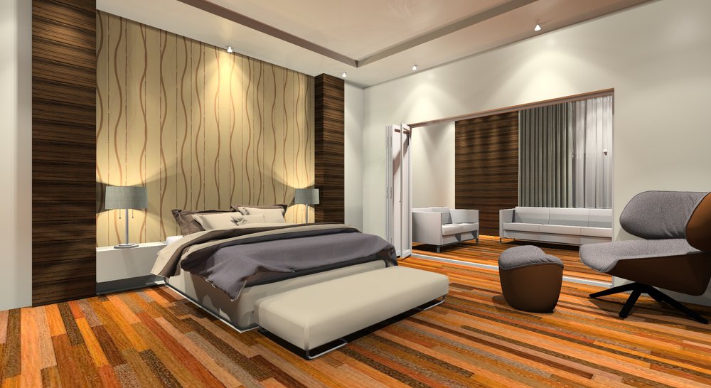 A modern bedroom with an earthy palette in the backdrop of whites
