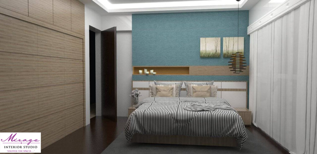 Modern bedroom with classic combinations of light blue, black & white and light brown wood